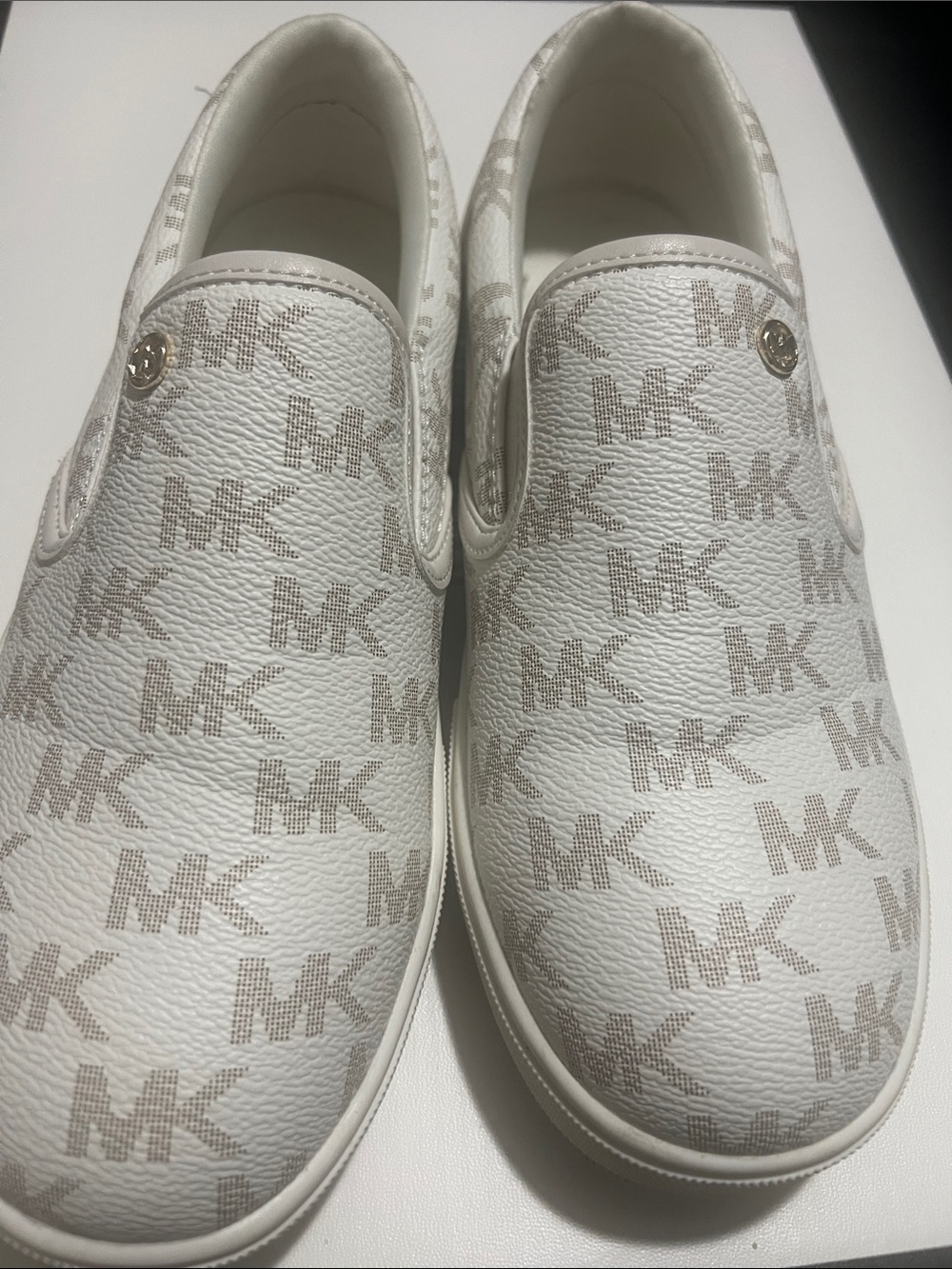 Michael Kors White & Beige MK Logo Slip-On Sneakers